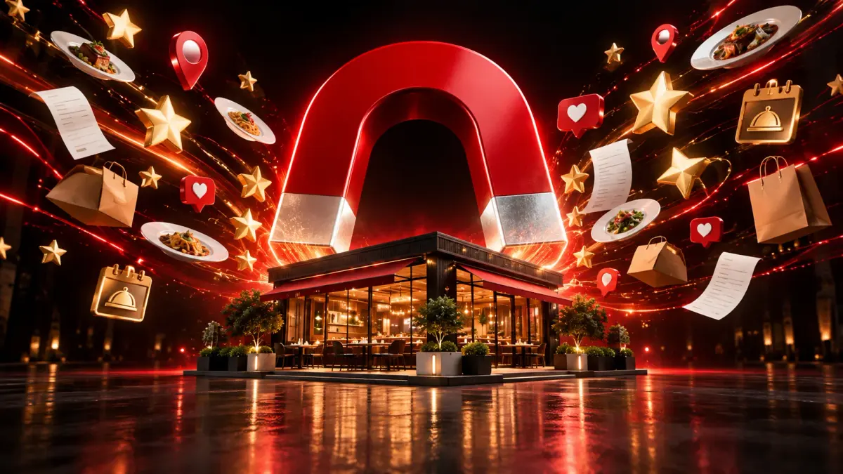 Ímã vermelho gigante atraindo avaliações, pedidos, pratos e localizações para a fachada iluminada de um restaurante moderno.