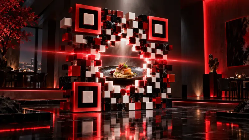 QR Code tridimensional vermelho, preto e branco formando um portal iluminado para um prato gourmet em restaurante futurista.