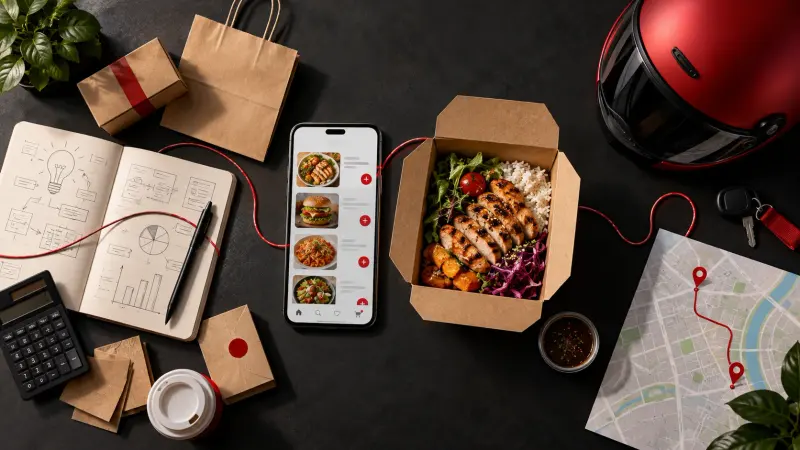 Planejamento, cardápio digital, refeição embalada e itens de entrega representam as etapas para montar um delivery.