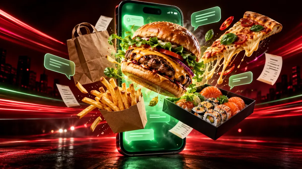Celular gigante com hambúrguer, pizza, sushi e batata saindo da tela entre luzes vermelhas e balões de conversa.