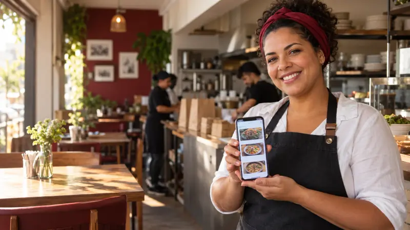 Dona de restaurante apresenta um cardápio digital no celular enquanto sua equipe organiza pedidos ao fundo.